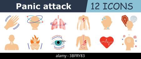 Icône Panic Attack Flat Set. Tremblement de la main, étourdissements, spasmes pulmonaires, douleurs corporelles, transpiration de la tête, peur de la mort, oppression de la gorge, brûlure de la poitrine, stress oculaire, gu Illustration de Vecteur