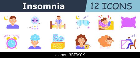 Icône d'ensemble d'insomnie. Visage triste, lune, Dreamcatcher, homme au lit, masque de sommeil, combat d'oreiller, réveil, garçon endormi, pack de mélatonine, femme fatiguée, tasse avec Illustration de Vecteur