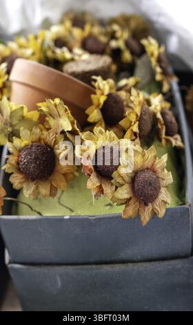 Tournesols séchés artificiels dans un pot, décoration et nature Banque D'Images