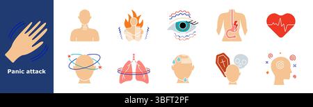 Icône de jeu d'attaque de panique. Transpiration, tension de la gorge, peau brûlante, corps tremblant, vision floue, douleurs thoraciques, battements de cœur, étourdissements, poumons qui tournent, swe froid Illustration de Vecteur