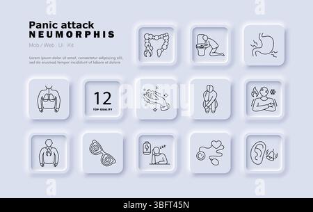Icône de jeu d'attaque de panique. Douleurs à l'estomac, nausées, vague de chaleur, problème respiratoire, serrant la main, vertiges, épuisement, oppression thoracique, peur, confusion, lou Illustration de Vecteur