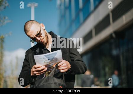 Homme confiant lisant une brochure à l'extérieur d'un immeuble de bureaux moderne Banque D'Images