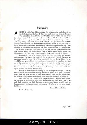 Cette page du programme de la Journée de l'arbre et de l'oiseau (1913/1914) donne un aperçu des origines historiques de la Journée de l'arbre et de l'oiseau, de l'importance des arbres et des oiseaux indigènes, et des ressources éducatives pour la plantation d'arbres dans l'Indiana. Banque D'Images