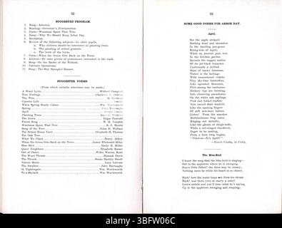 Ce programme de la Journée Arbor and Bird de 1916 couvre l'histoire de l'observance, la poésie, les conseils de plantation d'arbres, et les arbres et oiseaux indigènes de l'Indiana. Banque D'Images