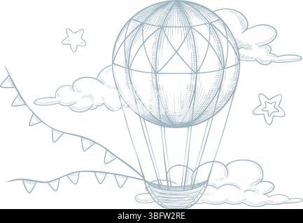 Illustration vectorielle de ballon d'air chaud avec banderole festive, nuages et étoiles dans le style de gravure. Dessin linéaire pour les invitations de douche de bébé ou les cartes de voeux enfantines. Esquisse de l'aérostat. Illustration de Vecteur