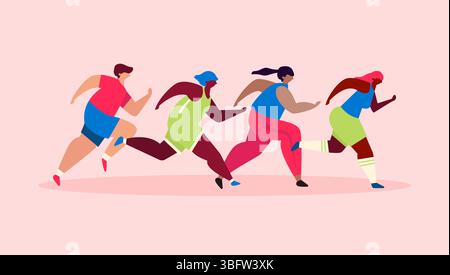 Figurines de coureurs abstraites. Illustration colorée d'un groupe de personnes, hommes et femmes, marathon en cours d'exécution ensemble. Course à pied, les gens courent, coloré Illustration de Vecteur