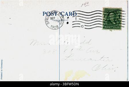 Cette impression en couleur de 1908 montre l'hôpital municipal de Springfield, Ohio, avec un grand bâtiment en briques avec un portique proéminent. Un buggy est vu garé devant, capturant une scène du début du XXe siècle. Banque D'Images