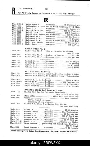 Cette page du Columbus Central Union Telephone Company Directory de 1906 contient une liste alphabétique des abonnés au téléphone, y compris les entreprises et les résidences à Columbus. Banque D'Images