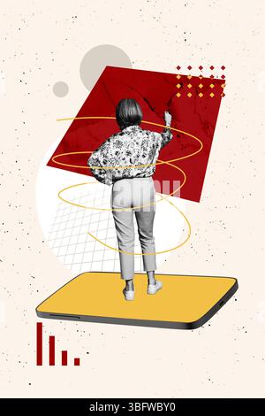Poster tendance croquis de photo collage de photo de femme âgée psychédélique se tiennent énorme écran tactile d'écran d'écriture de ligne doodle copyspace Banque D'Images