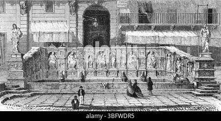 Fonte Gaia fontaine de rue monumentale sur la Piazza de Campo à Sienne Italie. Gravure vintage ou historique ou illustration 1866 Banque D'Images