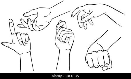 Gestes de la main et illustration de la ligne des paumes ensemble isolé sur un fond blanc, collection de main, illustration vectorielle de contour, ensemble de doigt Illustration de Vecteur