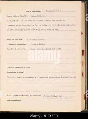 Publiée en 1939, cette liste documente les lieux de sépulture des soldats de l'Ohio de la guerre de 1812, soutenant la mémoire militaire et la recherche historique. Banque D'Images