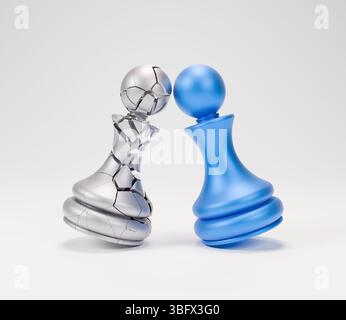 Icône 3D de deux pions d'échecs en collision, symbolisant la résilience et le leadership, avec un pion cassé tandis que l'autre est fort. Banque D'Images