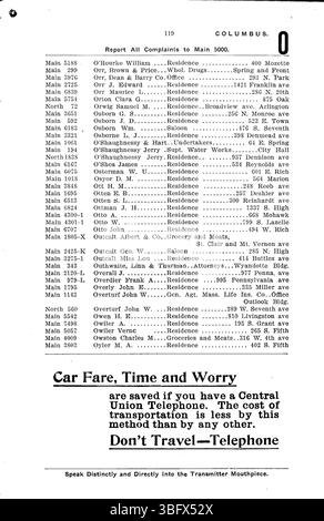 Cette page du Columbus Central Union Telephone Company Directory de 1906 présente une liste alphabétique des abonnés, comprenant à la fois les ménages et les entreprises de la région de Columbus. Banque D'Images