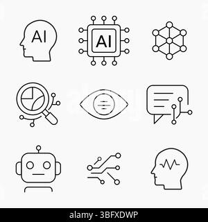 Ensemble d'icônes d'intelligence artificielle de contour minimaliste représentant, robotique, reconnaissance faciale, apprentissage automatique et automatisation, illustration vectorielle Illustration de Vecteur
