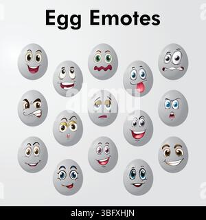 Émoticône avec jeu de vecteur de personnages d'oeuf de dessin animé. Personnage mignon d'oeuf de dessin animé avec différentes expressions faciales, émotions. Set, collection sur blanc bg. Illustration de Vecteur