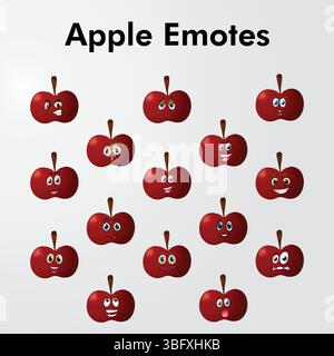 Ensemble emoji visage de personnage de pomme rouge, collection. Expression faciale de fruit de jardin de dessin animé. Heureux, rire expression comique personnage pour jeu ou menu enfant. Illustration de Vecteur