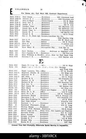 Cette page du Columbus Central Union Telephone Company Directory de 1906 fournit une liste alphabétique des abonnés, y compris les ménages et les entreprises, à Columbus, Ohio. Banque D'Images