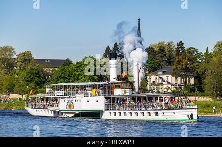 Dresde, Allemagne, 1er mai 2025 : le bateau à aubes Dresde au traditionnel défilé de la flotte au début de la saison des bateaux à vapeur saxons. (Photo par André Banque D'Images
