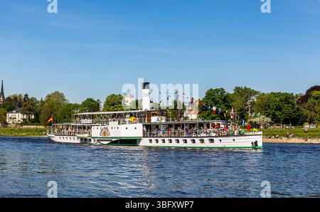 Dresde, Allemagne, 1er mai 2025 : le bateau à aubes Dresde au traditionnel défilé de la flotte au début de la saison des bateaux à vapeur saxons. (Photo de Jonas Banque D'Images