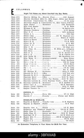 Cette page du Columbus Central Union Telephone Company Directory de 1906 fournit une liste alphabétique des abonnés téléphoniques à Columbus, Ohio, couvrant les ménages et les entreprises. Banque D'Images
