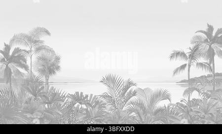 Fond d'écran gris Tropical Beach : Palms monochromatiques et vue sur l'océan paysage Banque D'Images