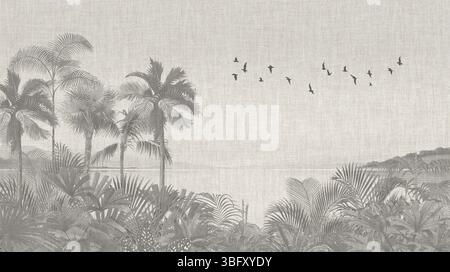 Décor tropical chic : échelle de gris Palm Beach avec imprimé oiseaux pour les intérieurs Banque D'Images