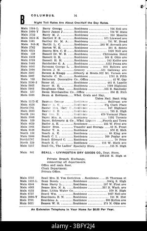 Cette page du Central Union Telephone Company Directory de 1906 répertorie les résidents et les entreprises de Columbus qui étaient abonnés au service téléphonique. Banque D'Images