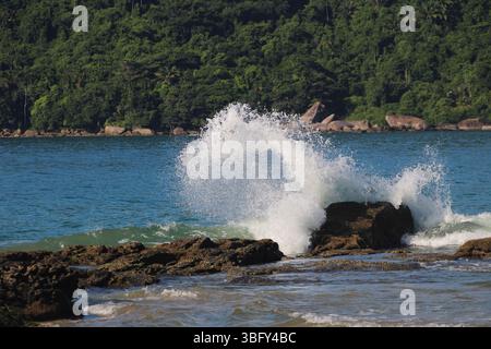 Lumière du soleil tôt le matin illuminant une vague brisée à Praia do Meio à Trindade, Rio de Janeiro, avec des piscines naturelles de Cachadaço en arrière-plan. Banque D'Images