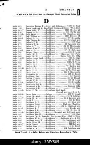 Cette page du Columbus Central Union Telephone Company Directory de 1906 répertorie les entrées alphabétiques des abonnés, tant résidentiels que d'affaires, du service téléphonique à Columbus. Banque D'Images