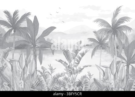 Mur mural monochrome audacieux : palmiers noirs et blancs et feuillage surplombant le lac Banque D'Images