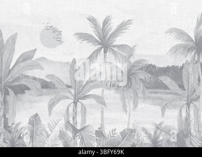 Fond d'écran paysage tropical monochromatique : palmiers gris et jungle par Calm Water Banque D'Images