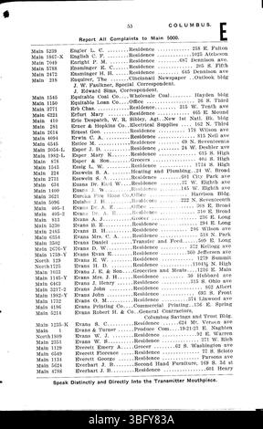 Cette page du Columbus Central Union Telephone Company Directory de 1906 répertorie les noms des abonnés, y compris les ménages et les entreprises à Columbus, Ohio. Banque D'Images