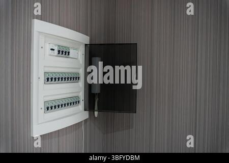 Vue rapprochée d'un consommateur électrique moderne ou d'une boîte à fusibles, avec une rangée de disjoncteurs électriques Schneider blancs avec interrupteurs noirs Banque D'Images