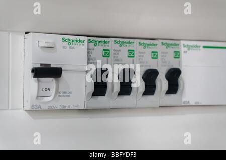 Vue rapprochée d'un consommateur électrique moderne ou d'une boîte à fusibles, avec une rangée de disjoncteurs électriques Schneider blancs avec interrupteurs noirs Banque D'Images