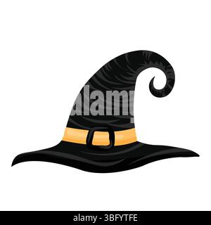 Chapeau de sorcière noire. Illustration vectorielle. Icônes et autocollants d'ornement d'Halloween. Chapeaux de sorcière de dessin animé, éléments de costume de fête d'Halloween. fête de sorcellerie. Illustration de Vecteur