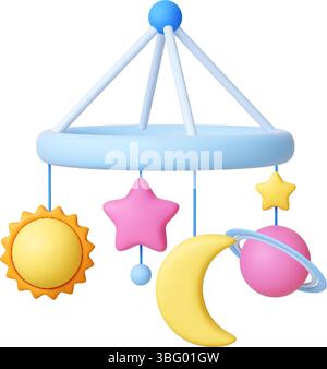 Icône Baby Mobile 3D. Jouet divertissant nouveau-né coloré isolé pour lit avec étoiles de lune et planète. Carrousel en plastique réaliste, accessoire de chambre à coucher Illustration de Vecteur