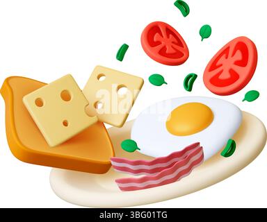 Assiette petit déjeuner 3d. Nourriture du matin, œufs frits, pain grillé avec fromage, bacon, tomates et vert. Repas frais fait maison, buffet ou menu restaurant, réaliste Illustration de Vecteur