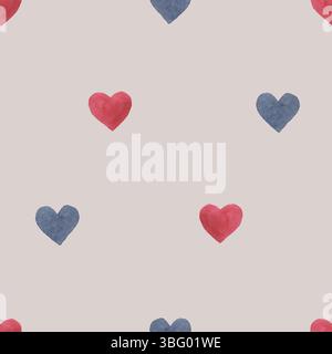Aquarelle fond rétro romantique sans couture avec des coeurs gris et rouges sur beige Banque D'Images