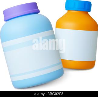 Grands pots en plastique icônes 3D. Pot pour la nutrition sportive, le stockage de médicaments ou de produits en vrac. Conteneurs ménagers universels, vecteur de rendu réaliste Illustration de Vecteur
