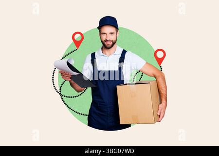 Poster créatif collage photo d'art complet de l'homme de poste heureux tenir le presse-papiers boîte de géolocalisation de colis expédition rapide distribution Banque D'Images