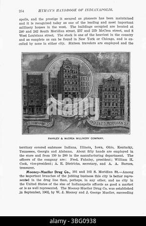 Page 255 de l'édition 1907 du Hyman's Handbook of Indianapolis, une histoire complète de la capitale de l'Indiana. Le livre comprend plus de 300 photographies et illustrations, ainsi qu'un index. Édité par Max R. Hyman, ce travail fournit des informations détaillées sur le développement de la ville et ses caractéristiques clés. Banque D'Images