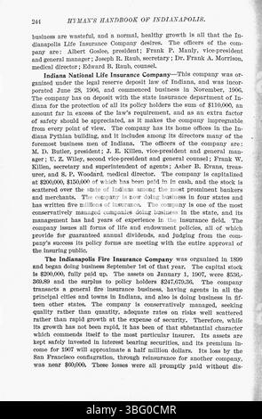 Cette page du 1907 *Hyman's Handbook of Indianapolis* fournit un aperçu de l'histoire de la capitale de l'Indiana, avec des descriptions détaillées et plus de trois cents illustrations de photographies prises spécifiquement pour l'œuvre. Édité par Max R. Hyman, il offre un aperçu du développement d'Indianapolis. La publication comprend un index pour une référence facile. Banque D'Images