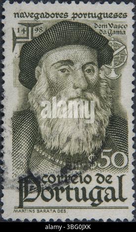 Vasco da Gama, (entre 1460 et 1469, 1524), explorateur portugais. Portrait sur un timbre-poste portugais Banque D'Images