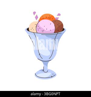 Cuillères à crème glacée d'été dans un bol. Icône de vecteur de boule de dessert ronde avec bâton dans le cône ou la tasse. Friandise glacée sucrée pour collation. Elément pour menu de café. Laiterie crémeuse ou gelato avec garniture. Confiserie. Illustration de Vecteur