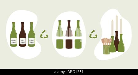 Schéma des éléments de cycle ascendant. Comment recycler une bouteille en verre. Fait main et usage secondaire DIY. Écologique, consommation raisonnable et vie durable con Illustration de Vecteur