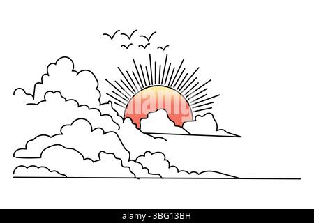 Coucher de soleil continu dessin d'une ligne de beau paysage Illustration de Vecteur