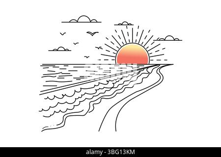Coucher de soleil continu dessin d'une ligne de beau paysage Illustration de Vecteur