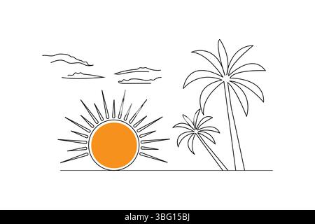 Coucher de soleil continu dessin d'une ligne de beau paysage Illustration de Vecteur