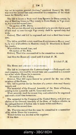 Cette page du journal Indiana House présente les activités législatives quotidiennes de la 16e session de l'Assemblée générale, qui débute le 5 décembre 1831 à Indianapolis, détaillant les décisions officielles prises au cours de la session. Banque D'Images
